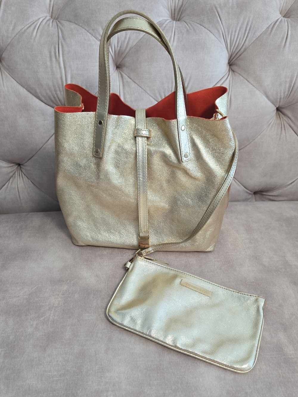 Tiffany & Co Metallic Gold/Coral Suede Reversible Tote With Removable Pouch